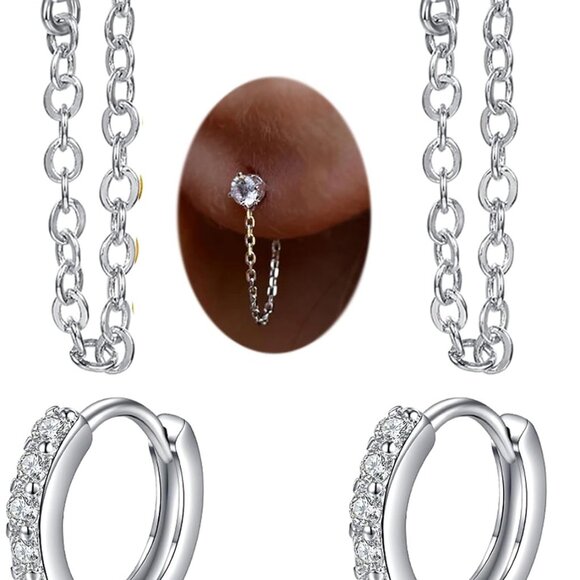 Silver Gold Cartilage Earring Set for Women - Hypoallergenic Flat Back, Hoop, He - Picture 1 of 7